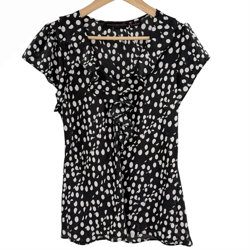 Hayley‎ Matthews Black White Polka Dot Ruffle V-Neck Blouse XL Short Sleeve Top